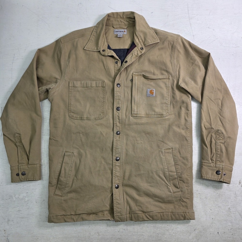 Carhartt Rugged Flex Flannel Lined Tan Canvas Chore Jacket Mens Sz M 102851-253